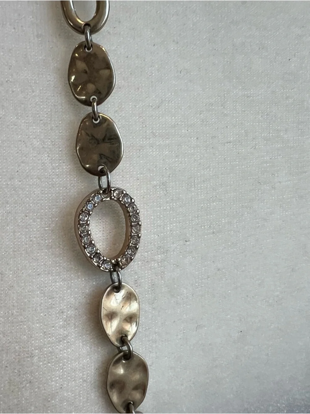 Light Gold-Tone Hammered Link Long Necklace with Pavé Accent Can be Doubled